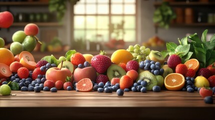 Fresh and Colorful Variety of Fruits on a Wooden Table Surface