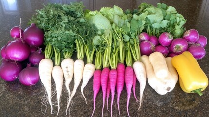 Fresh and Colorful Variety of Organic Vegetables on a Dark Surface