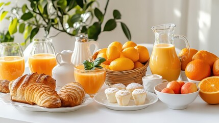 Fresh Breakfast Spread with Citrus Fruits and Pastries on Table