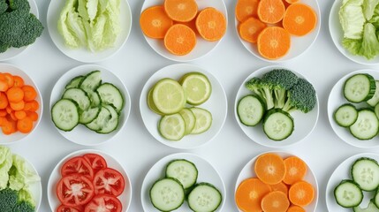 Fresh and Colorful Vegetable and Fruit Arrangement on White Plates