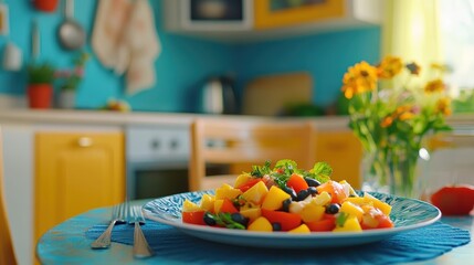 Fresh and Colorful Vegetable Salad on Table in Cozy Kitchen Setting