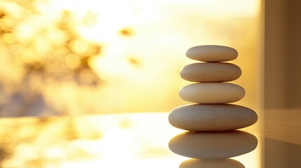 Tranquil Stacked Stones Against a Glimmering Golden Sunset