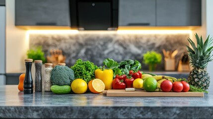 Fresh and Colorful Vegetables and Fruits on Kitchen Countertop Display