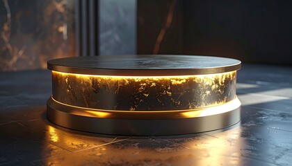 Close-up of podium base showing polished surface, structural strength, and dramatic interior style.