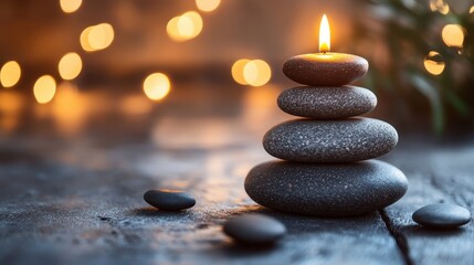 Tranquil Stone Stack with Candle Light and Blurred Bokeh Background