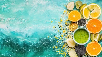 Fresh Citrus and Healthy Ingredients on Vibrant Colorful Background