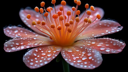 Close-Up Macro Shot of a Vibrant Flower (Likely Lily): Coral/Orange/Peach Petals, Orange Anthers with Reflective Drops, Solid Black Background