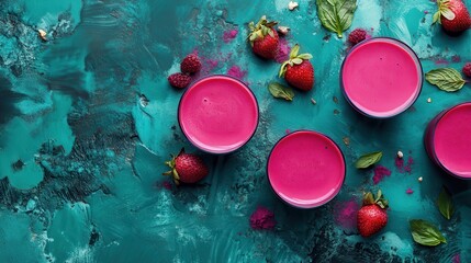 Vibrant Berry Smoothies on Artistic Turquoise Background
