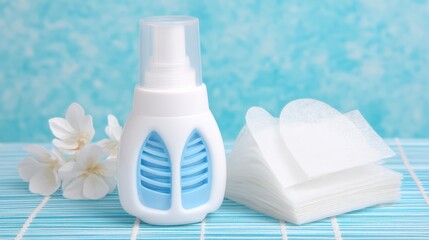 Fresh Clean Spray Bottle with Cotton Pads on a Soft Blue Background