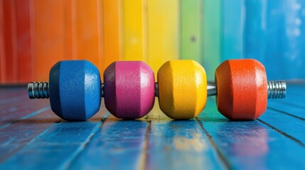 Vibrant Dumbbells in Bright Colors on a Colorful Wooden Surface