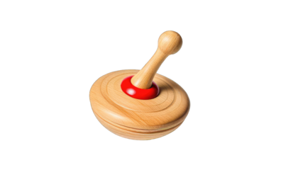 Wooden spinning top, light brown, with a red accent