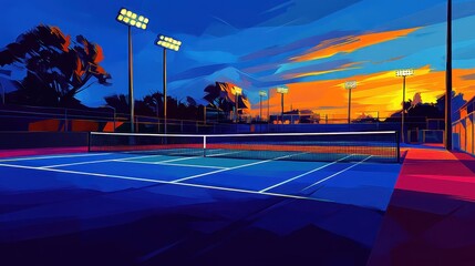 Vibrant Tennis Court at Sunset with Illuminated Surroundings