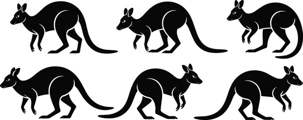 Kangaroo silhouette poses, black vector illustration, animal movement study, wildlife icon set, jumping stance, tail motion, white background