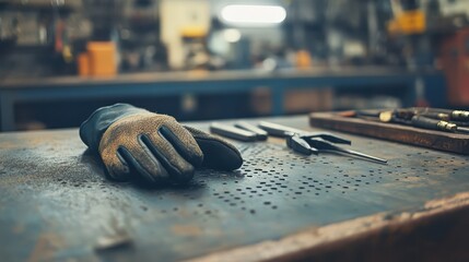 Workshop Scene with Gloves, Tools, and Workbench for Craftsmen