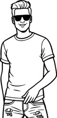 Fototapeta premium Black and white illustration of a handsome man in casual style minimalist modern line art drawing
