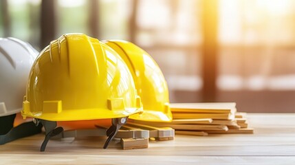Yellow Hard Hats on Table with Wooden Planks in Construction Settings