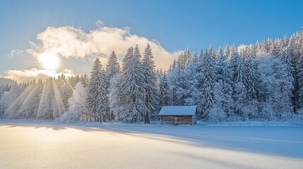 Beautiful winter landscape in the Carpathian Mountains, pine forest covered with snow and clouds against blue sky.