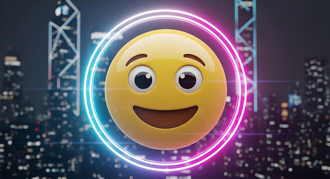 A smiling emoji with a glowing circle around it in front of a blurry city skyline at night time