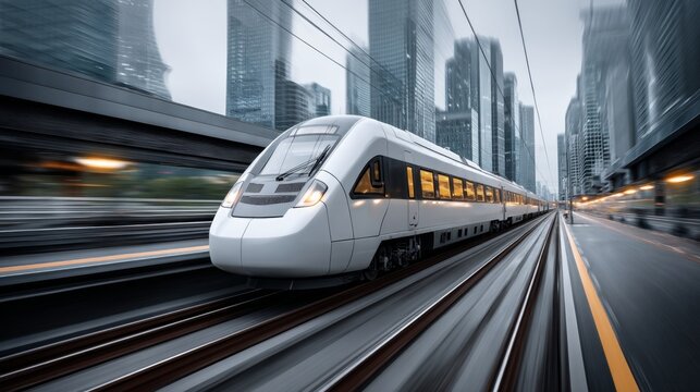 High speed train traveling through a modern city showcasing urban transportation and rapid transit