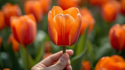 Hand holding colorful tulips with red and yellow petals blooming in a spring garden
