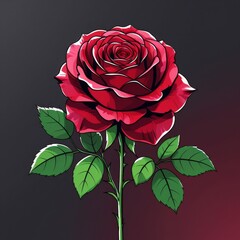 Red rose on black background with single bloom and green stem