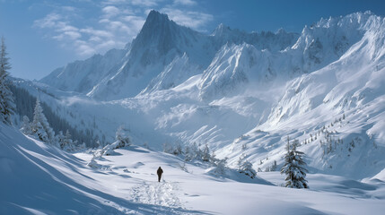 wild alpine range after fresh snowfall, jagged peaks and evergreen slopes, drifting spindrift, long blue shadows under crisp sky; single man from behind, walking forward on the snow