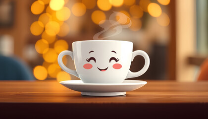 Fototapeta premium Cute white coffee cup with a smiling cartoon face, sitting on a matching saucer, steam rising playfully from the cup, placed on a wooden table 2