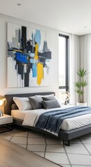Modern Bedroom Interior with Abstract Art, Grey Bed, Blue Blanket, and Large Window for a Serene Living Space