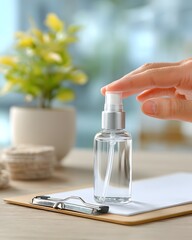 Applying Refreshing Mist Home Office Product Photography Bright Environment Close-Up Hydration Concept