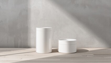Minimalist white cylindrical and round containers on a light wooden surface