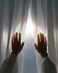 Opening Curtains to Bright Sunlight Indoor Space Photography Calm Atmosphere Close-Up Hope