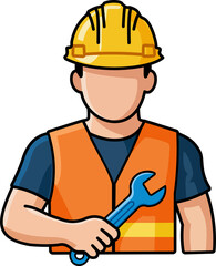 Engineer performing maintenance tasks in bright orange safety vest with hard hat and a wrench during work hours.