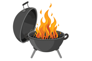 Cartoon Kettle Grill With Open Lid And Vibrant Orange Flames On Black Background barbecue isolated on a transparent background