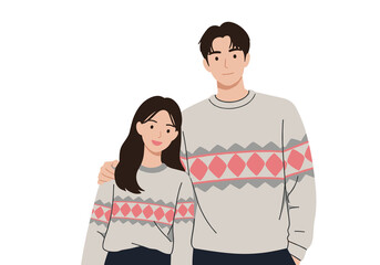 Fototapeta premium Couple wearing matching sweaters standing together in a flat vector 