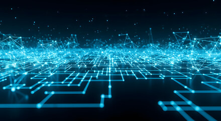 A futuristic digital landscape with a network of glowing blue lines and nodes on a dark background, conveying a sense of advanced technology and connectivity.