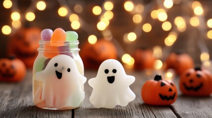 Cute Halloween Ghosts with Colorful Candies in Jar Surrounded by Pumpkin Decorations and Soft Bokeh Lights