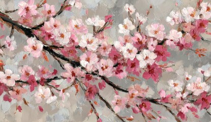 A vibrant display of delicate pink and white cherry blossoms, rendered with textured brushstrokes against a soft gray backdrop, evoking a tranquil and springtime mood.