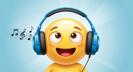 Yellow emoji with blue headphones listening to music with musical notes on a light blue background