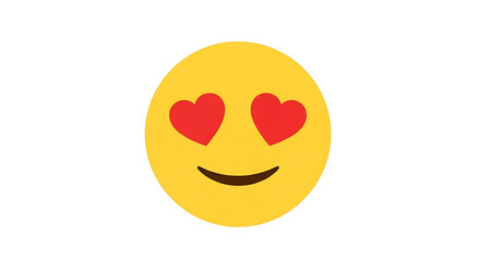Fototapeta premium A yellow emoji face with red heart shaped eyes and a smiling mouth on a white isolated background