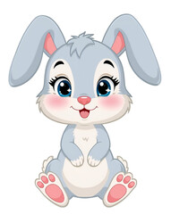 Cheerful cartoon baby rabbit with tongue out and pink cheeks on a black background bunny isolated on a transparent background
