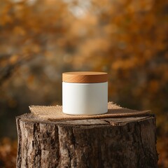 A white ceramic jar with a wooden lid on rustic wood