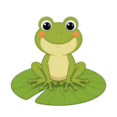 Obraz premium Cheerful cartoon frog with rosy cheeks on a green lily pad Keywords: frog, cartoon, cute, green, amphibian, animal, sitting, lily isolated on a transparent background