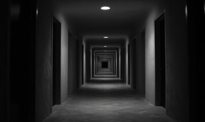 Eerie Black and White Hallway with Dim Lighting and Endless Perspective.