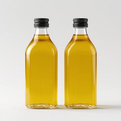 Two clear glass bottles filled with golden liquid on a white background