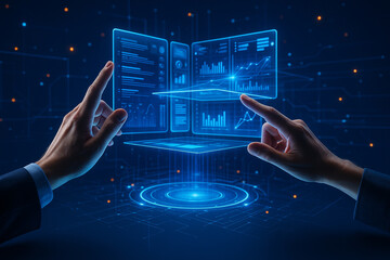 AI generated futuristic digital scene with human hands interacting with glowing hologram dashboards and data analytics interface in a high tech environment