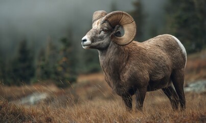 Obraz premium Majestic Bighorn Sheep Standing Proudly in a Mountain Meadow.
