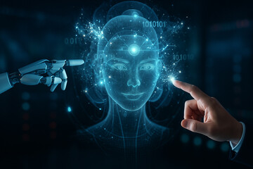 AI generated ultra realistic digital artwork of a holographic female face connected by human and robotic hands with glowing energy sparks symbolizing collaboration and futuristic technology