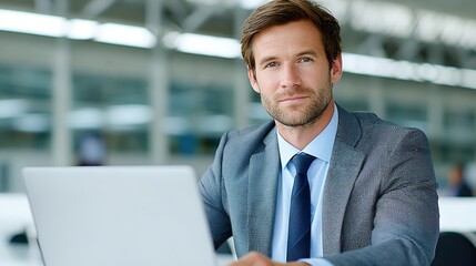 Fototapeta premium Professional Man Working on Laptop in Modern Office Environment