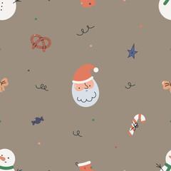 Seamless pattern with Christmas elements. For fabric, wrapping, cards, textile, wallpaper, apparel. Isolated vector illustration in flat cartoon style.