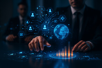 AI generated futuristic digital business scene showing human hands interacting with holographic data globe graphs and icons representing analytics innovation and technology